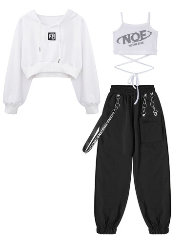 Girls Tracksuit Jazz Set Drawstring Outfits Dance Pants 3pcs Hoodie Hooded Vest - Picture 21 of 47