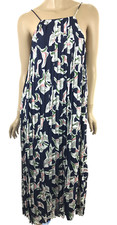 J.O.A. Size M Maxi Dress Pleated Floral Print Navy Peach Gray Spaghetti Straps