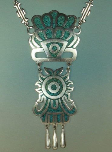 Taxco AZTEC SUN Turquoise Necklace 24" 1950s 70.4g STERLING Mexico Unisex FAB - Picture 3 of 9
