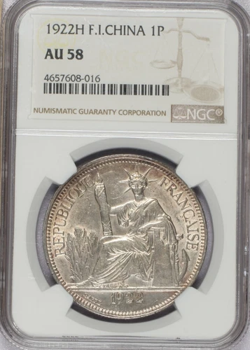 1922-H French Indo China 1 Piastre NGC AU58. Free Shipping.