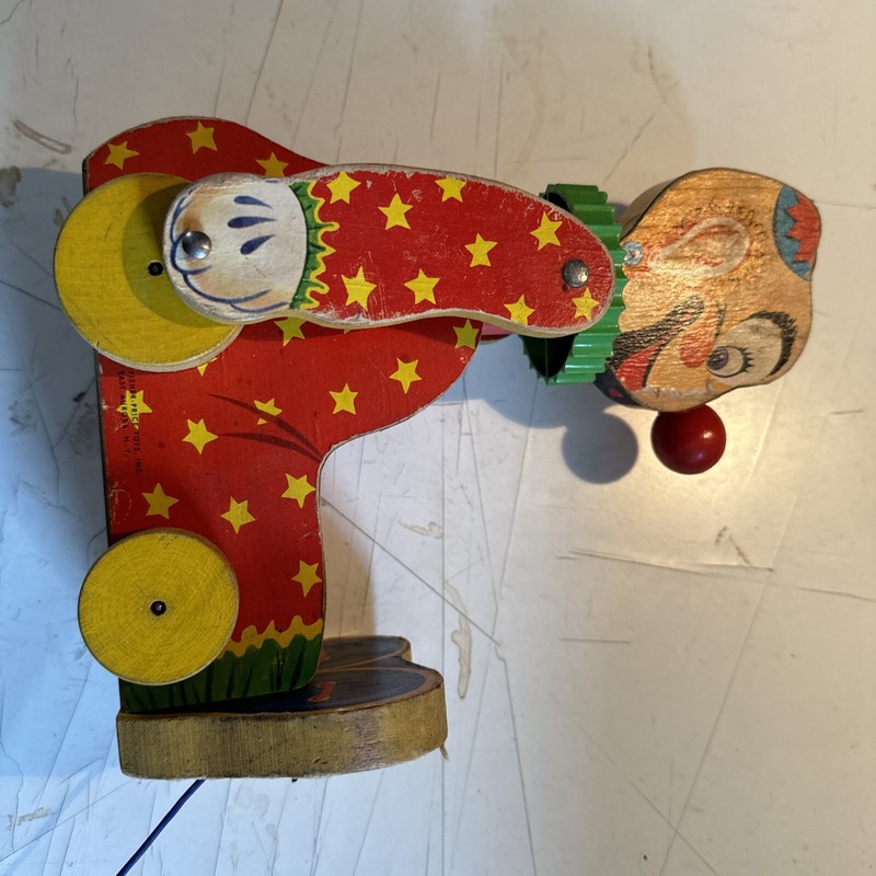 Fisher Price Squeaky the Clown Pull Toy Wood Wooden Vintage