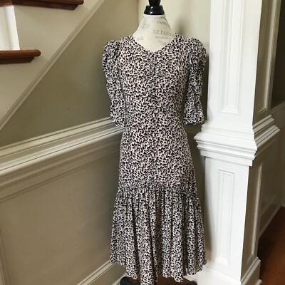 Rebecca Taylor Leopard Print Midi Dress Womens 2 Black Tan Puff Sleeve  V-Neck | eBay