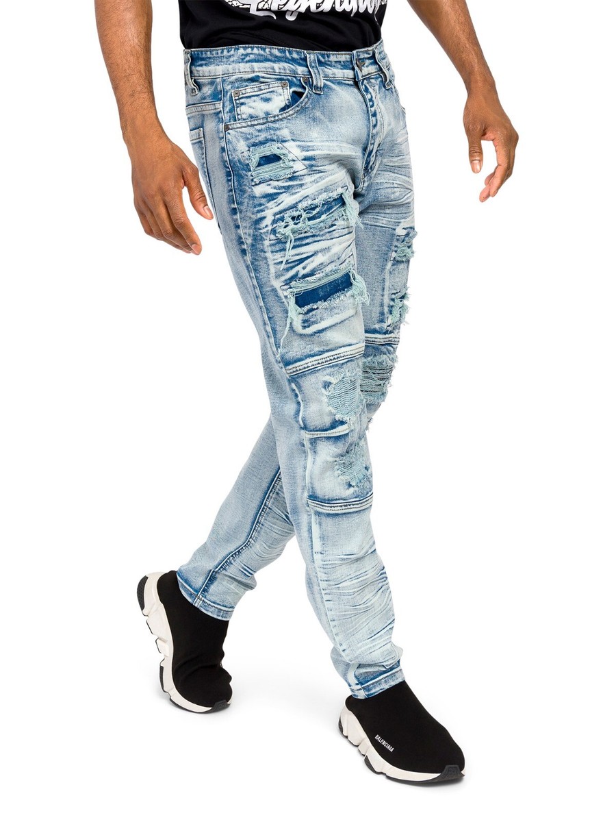 Victorious Men's Faded Distressed Ripped Biker Denim Jeans