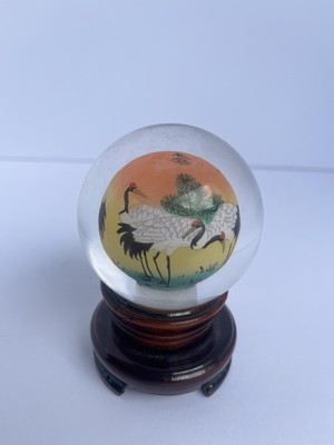 Chinese Reverse Painted Glass Sphere Orb Crane Design With Wooden Base