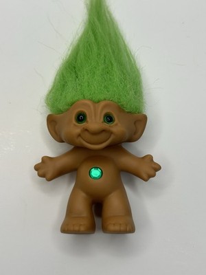 Vintage Ace Novelty Treasure Troll Doll Green Colored Hair Eyes Belly Gem Lucky