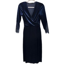 Zara Basic Womens Small MidnightBlueVelvet DeepV Neck Party Guest WeddingDress  