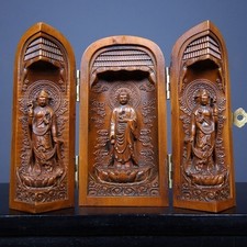 5.5*5.5*10cm New Boxwood Wood Three Fold Shrine Carved Decorative Collectible