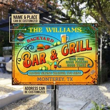 Personalized Grilling Summer Bar &  Grill Tropical Classic Metal Sign Outdoors
