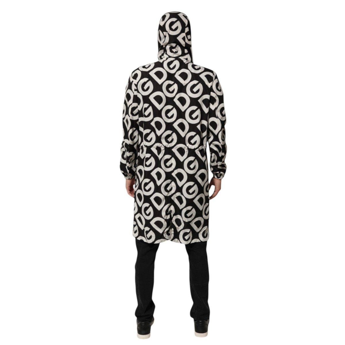 DOLCE & GABBANA Jacket Black White Logo Print Hooded Coat Men IT46