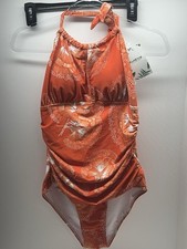 Eomenie L Orange Tummy Control Halter Plunge One Piece Swimsuit NWT Floral Padde