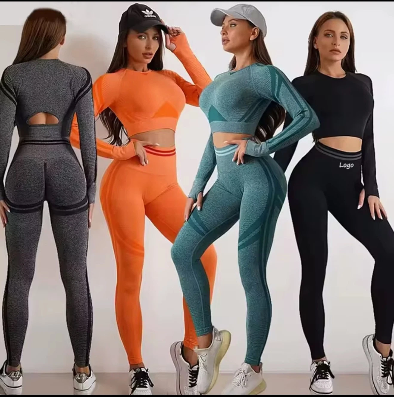 Women’s Workout Sets 2 piece High WaistLeggings Sets gym Long + Long sleeve crop