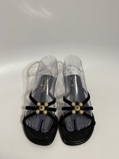 Vtg Chanel Black Leather CC Logo Crystal Embellished Sandals 36