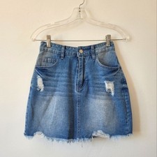 Denim Mini Skirt Jean Blue Distressed Ripped Y2K American Summer Beach Hottie S
