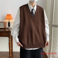 Men Knitted Vest Waistcoat Sweater Jumper V Neck Sleeveless Pullover Preppy
