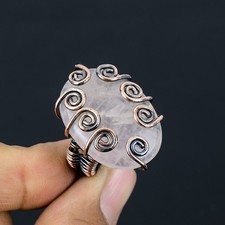 Rose Quartz Gemstone Handmade Copper Wire Wrap Jewelry Ring Size 6.5 f925