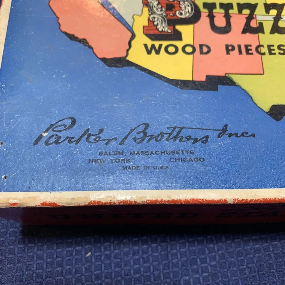 Antiguo mapa rompecabezas de madera de Estados Unidos Parker Brothers 1915 - completo en caja Foto 4 de 4