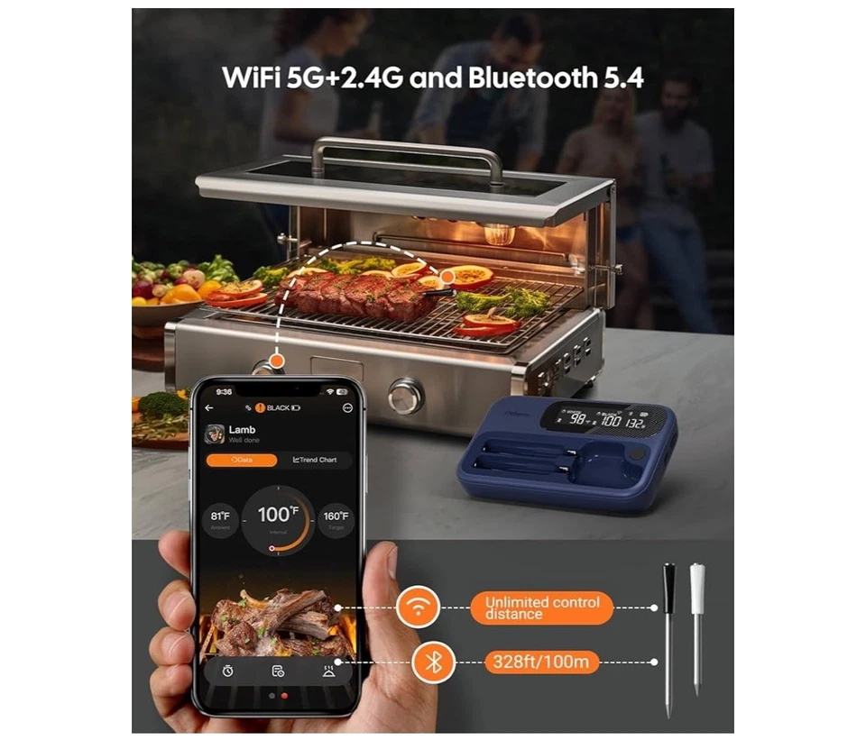 FitFlavor Smart Wireless Meat Thermometer, WiFi & Bluetooth for BBQ & Grilling - Image 2 of 4