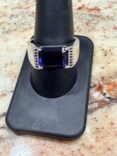 Sterling Silver Ring with Emerald Cut Blue Center Stone Size 9.75