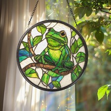 Handcrafted green frog stained glass suncatcher with lotus flower window decor.