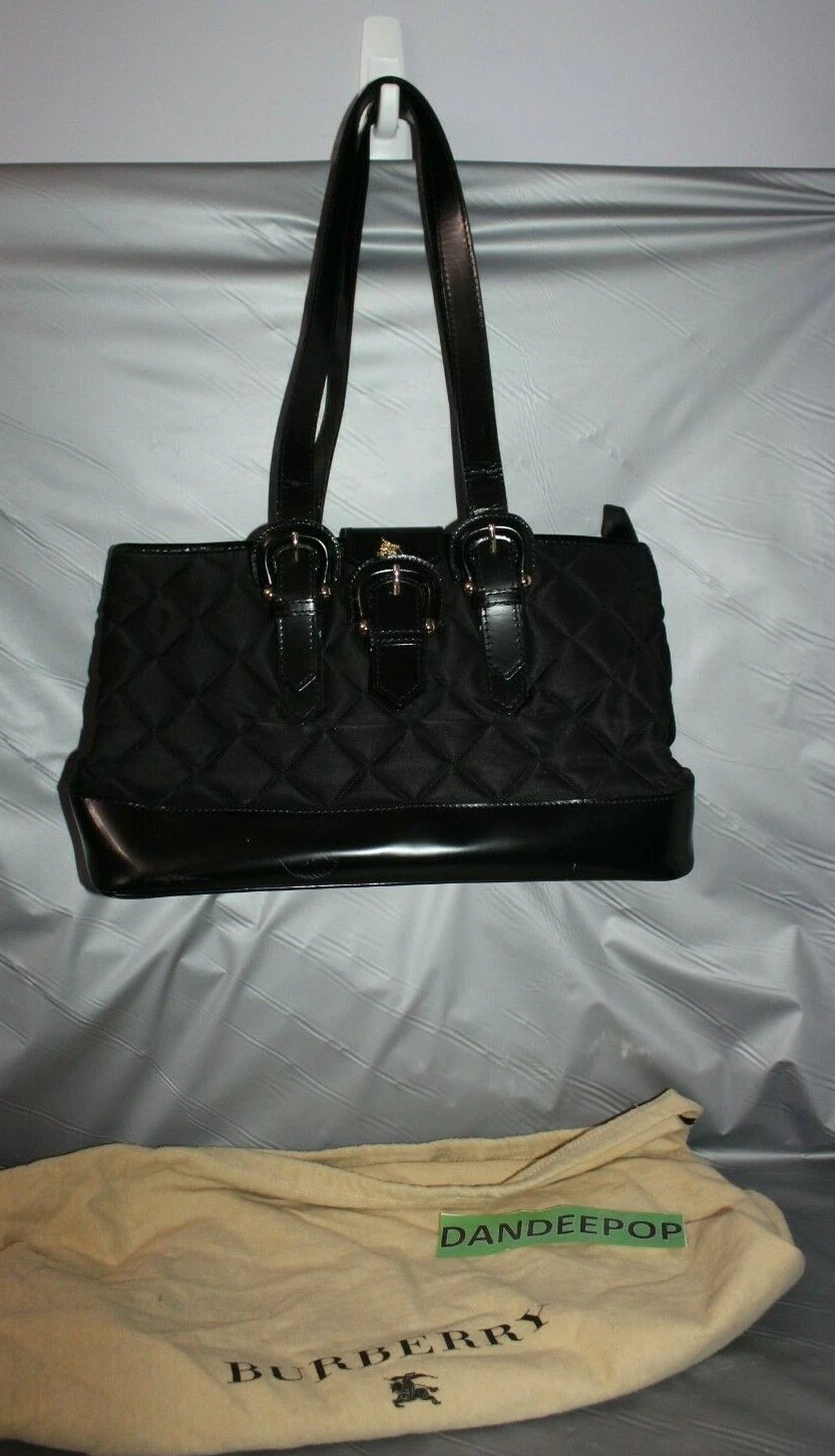 Burberry Designer Black Quilted Patent Leather Handbag With Dust Bag Italy