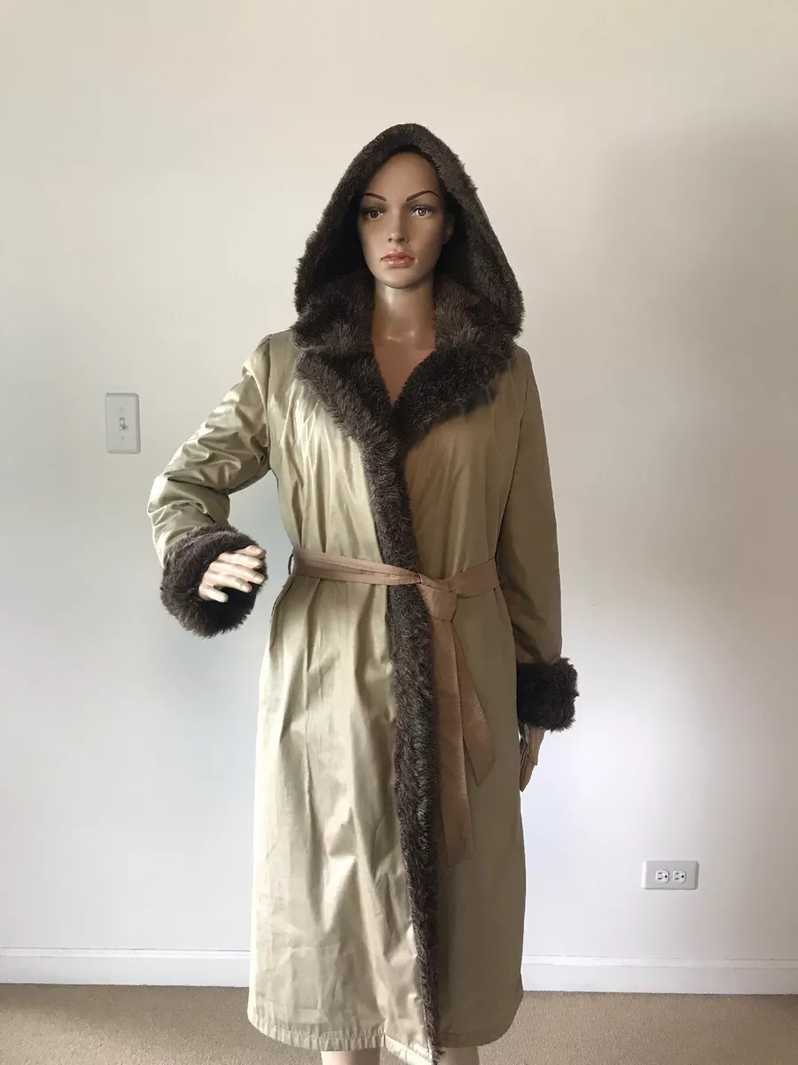 Vintage 1960's London Fog Long Wrap Coat Removable Hood Faux Fur Trim 10P  M/L