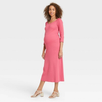 knee length dresses for ladies Beige Ribbed Long Sleeve V-Neck Wrap Maternity Midi Dress