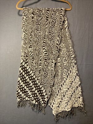 Winter Scarf Knit Organic Pattern Brown & Tan Tassels Fringe 64 x12  READ