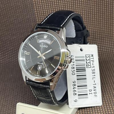 Casio MTP-1381L-1A Black Analog Black Leather Big Day Display