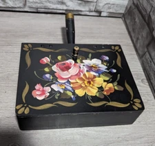 Vintage Silent Butler Painted Flowers Crumb Catcher Wood Folk Art Rustic Box