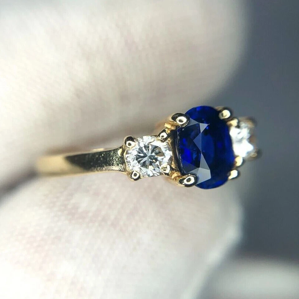 2.50 Ct Oval Cut Blue Sapphire Three-Stone Engagement Ring 14K Yellow Gold Over - Image 4 of 4
