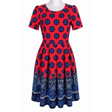 Red Blue Medallion Fit Flare Dress Small Stretch Skater Casual Boho Artsy