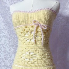 Handmade Crochet Yellow Pink Women's Outfit Set Top Skirt Strapless Sleeveless