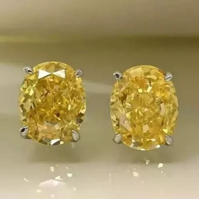 4.00 Ct Certified Oval Cut Natural Yellow Diamond Studs VVS1 White Gold Finish