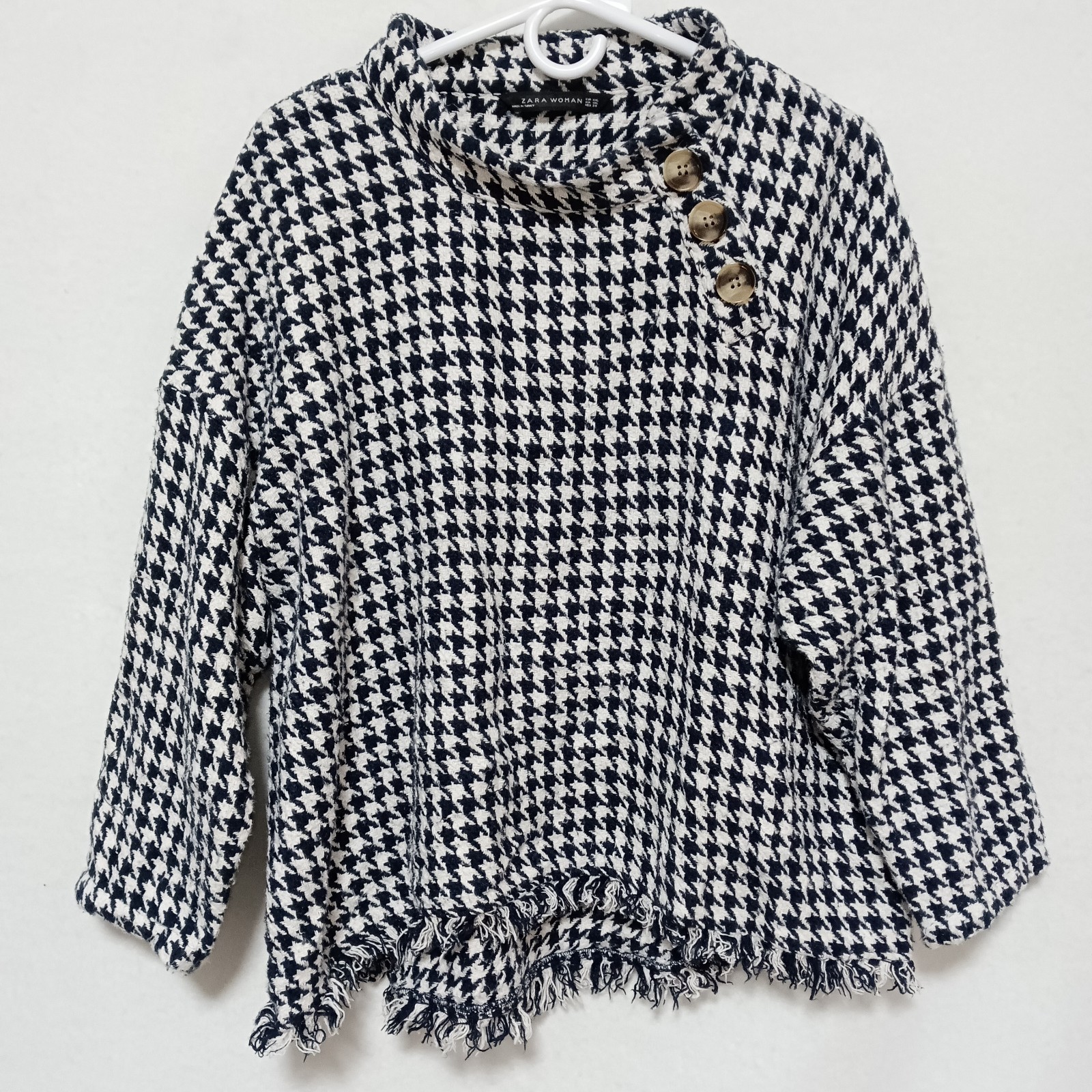 Zara Sweater Pullover Women's XXL Navy And White Houndstooth 100percent Cotton