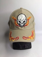 Skull And Flames Khaki Red Orange White Baseball Hat Preowned Adjustable