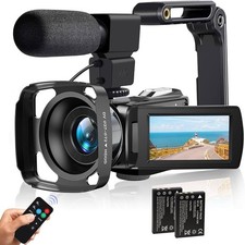 4K 48MP WiFi Handheld Camcorder with Remote, Microphone, Lens Hood ,2 Batteries