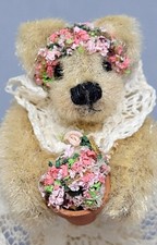 2.75" Miniature Artist Bear Beige Teddy Bear in Lace Dress with Pot of Flowers