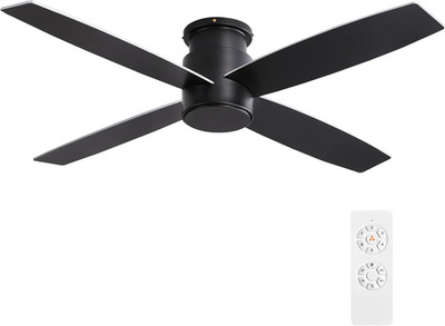 44'' Black Flush Mount Ceiling Fan, 6-Speed DC Motor, 4 Reversible Blades