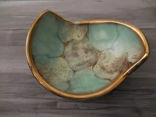 Vintage Gorgeous Art Deco Ceramic Candy/ Ash Tray Green Drip Glaze W/ Gold Trim