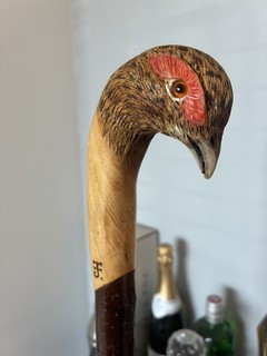 Vintage Rustic Walking Stick Hand Sculpted & Painted Pheasant handle