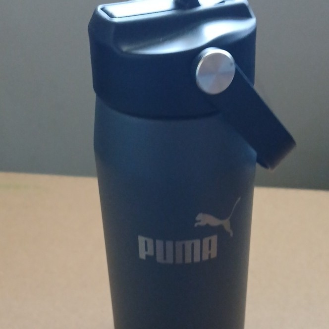 PUMA Black Metal Water Bottle with Screw-on Lid and Handle