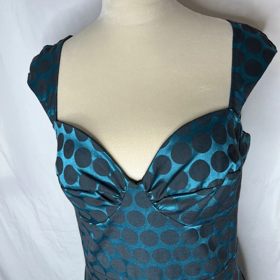 Bettie Page Queen Of Pinups Teal Polka Dot Dress Size 12 Coquette Retro 60s - Image 2 of 4