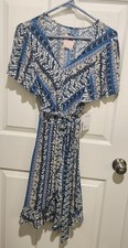 NWT Ladies So Med Ruffle Wrap Dress Blue Knee Length Flutter Sleeves Belt