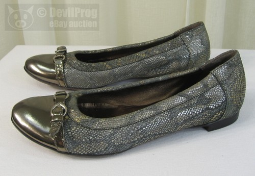 NUEVO EN CAJA AGL Mujer Puntera Gorra Ballet Zapatos Planos EUR 41/US 11 Peltre Serpiente Combo Cuero - Imagen 7 de 12