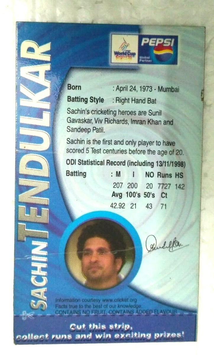 INDIA RARE PEPSI WORLD CUP COLLECTOR SERIES CRICKET CARD SACHIN