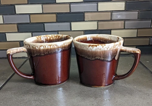 Pair Of Vintage McCoy Glazed Pottery Brown Drip coffee Cups 3 1/4" Tall