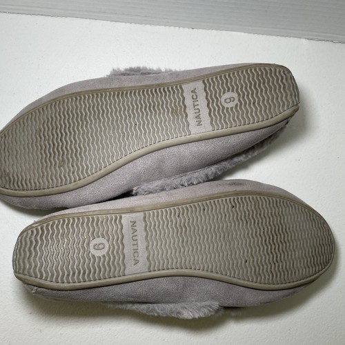 Nautica Women’s Slippers Rubber Soles Size 9 Gray Faux Suede Fuzzy Inner Shoes - Picture 9 of 9