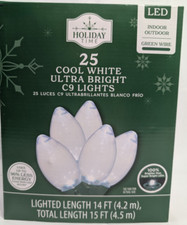 Holiday Time 25ct C9 LED Cool White Ultra Bright Lights Green Wire 15 Ft Long