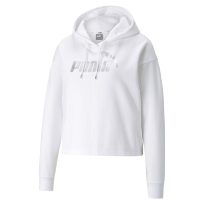 Authentic PUMA Women's Essentials+ Metallic Logo Hoodie Sweatshirt White- Silver