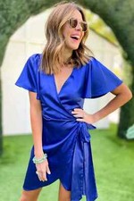 BRAND NEW! Royal Blue Satin V Neck Wrap Dress Size Medium